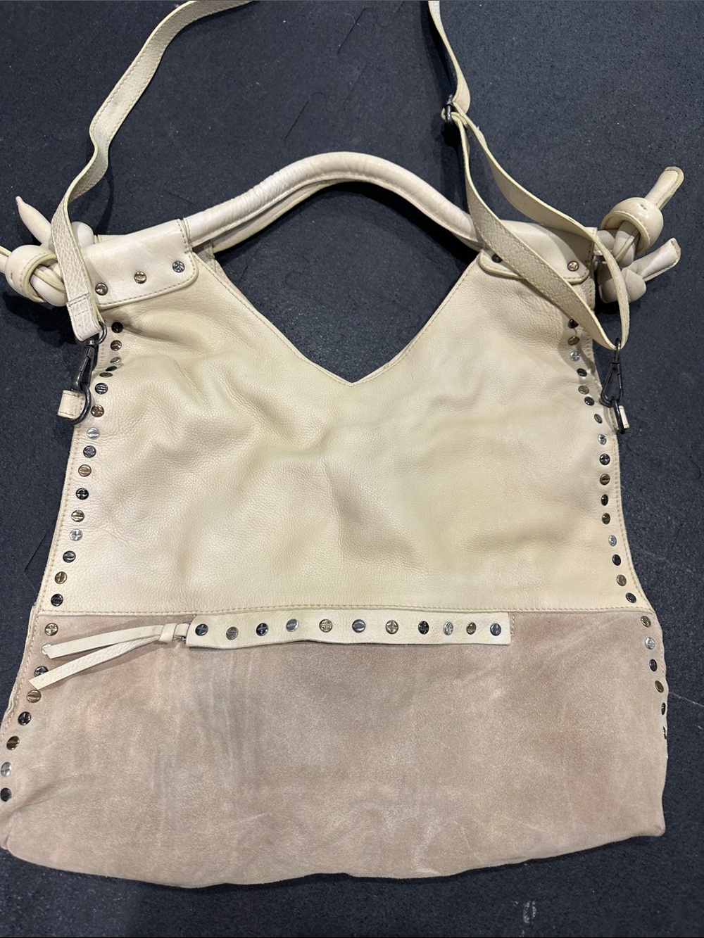 Two-Tone Cream and Taupe Leather & Suede Shoulder Bag